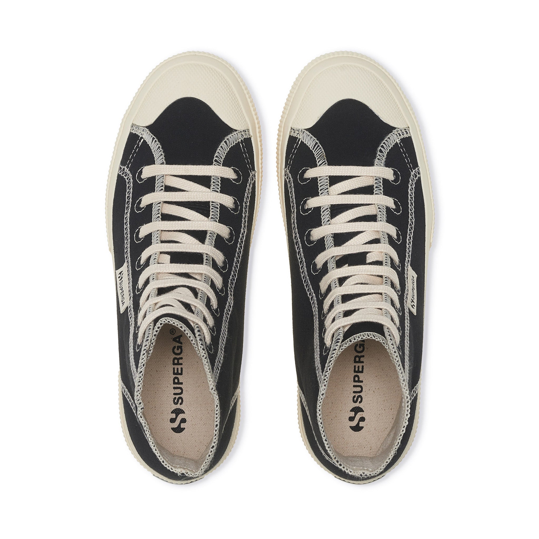 Superga 2295 Drill Overlock Stitching Sneakers - Black Off White. Top view.