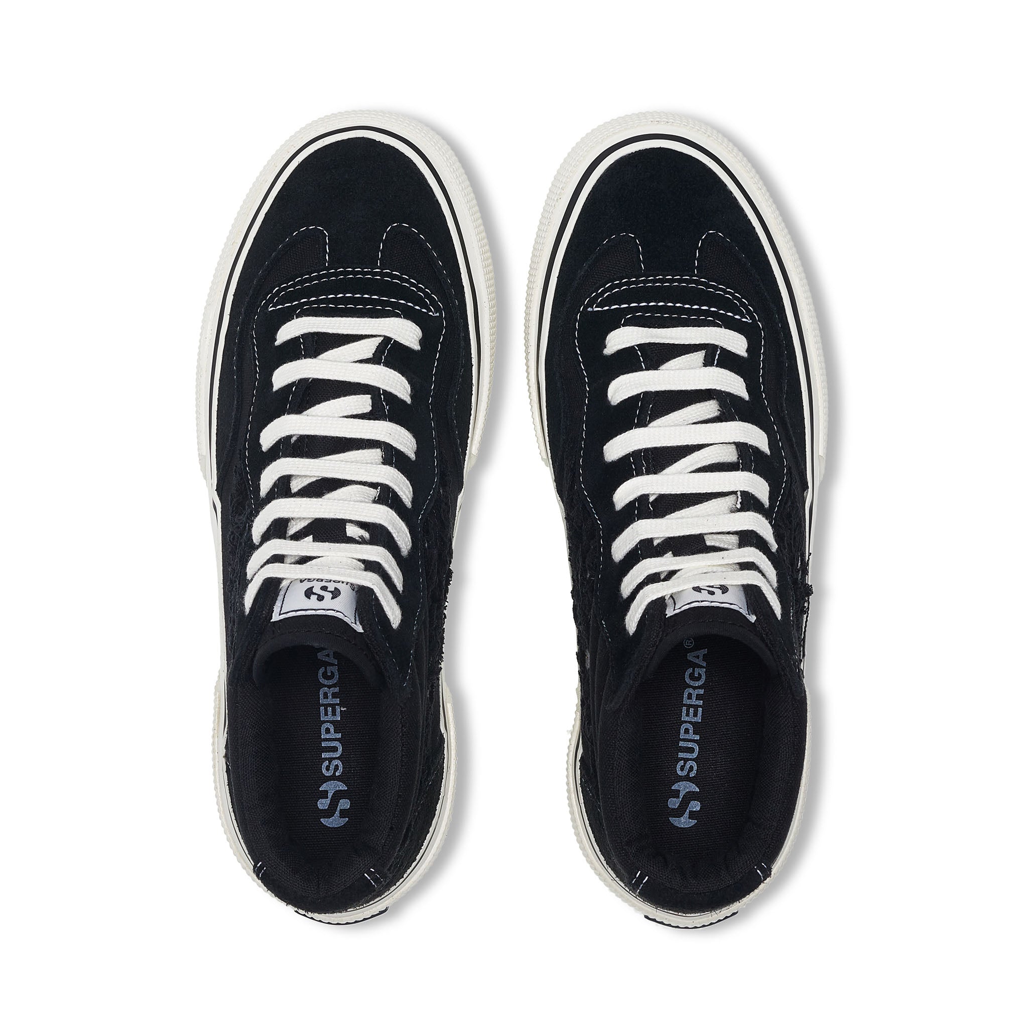 Superga 3141 Revolley Mid Ripped Swallow Tail Sneakers - Black White Avorio. Top view.