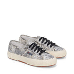 Superga 2750 Cotton Denim Destroyed Sneakers - White Black Beige Gardenia. Front view.