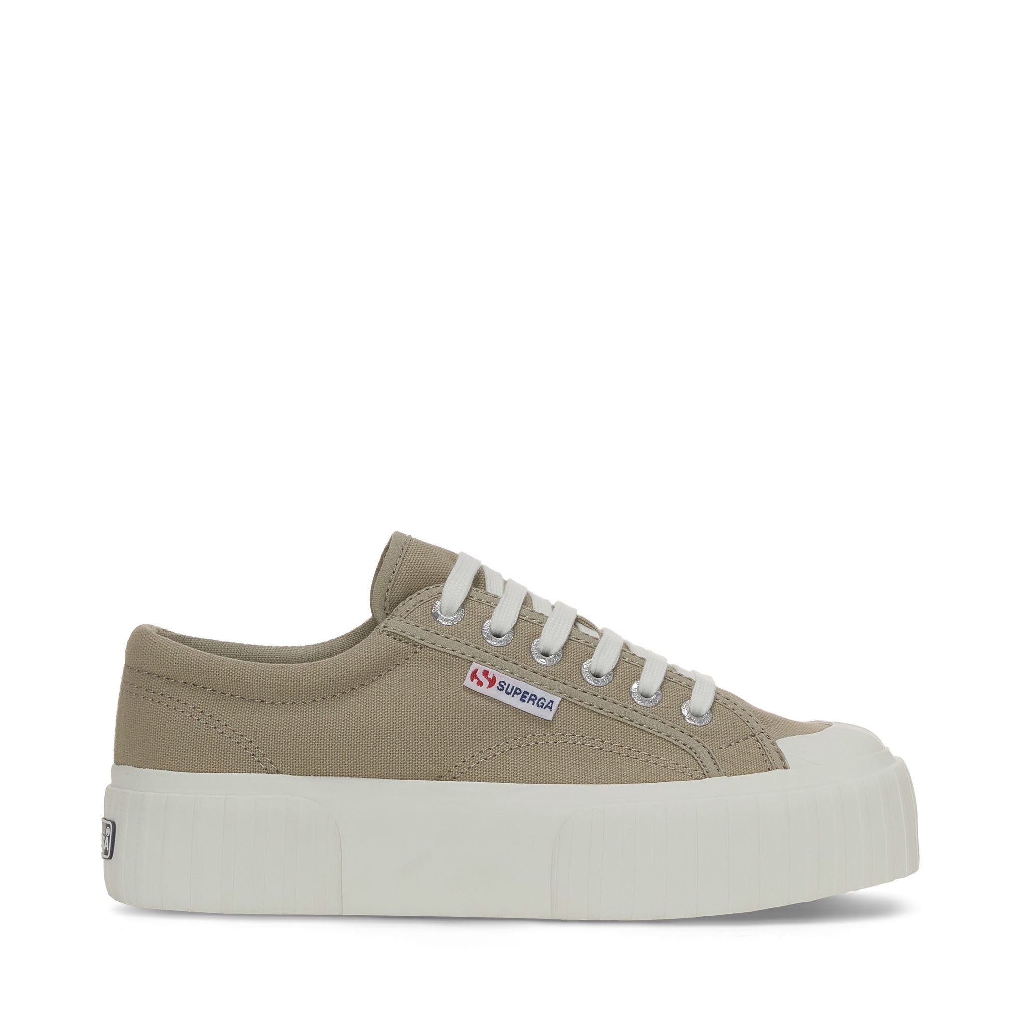 Superga 2631 Stripe Platform Sneakers - Grey Fossil Avorio. Side view.