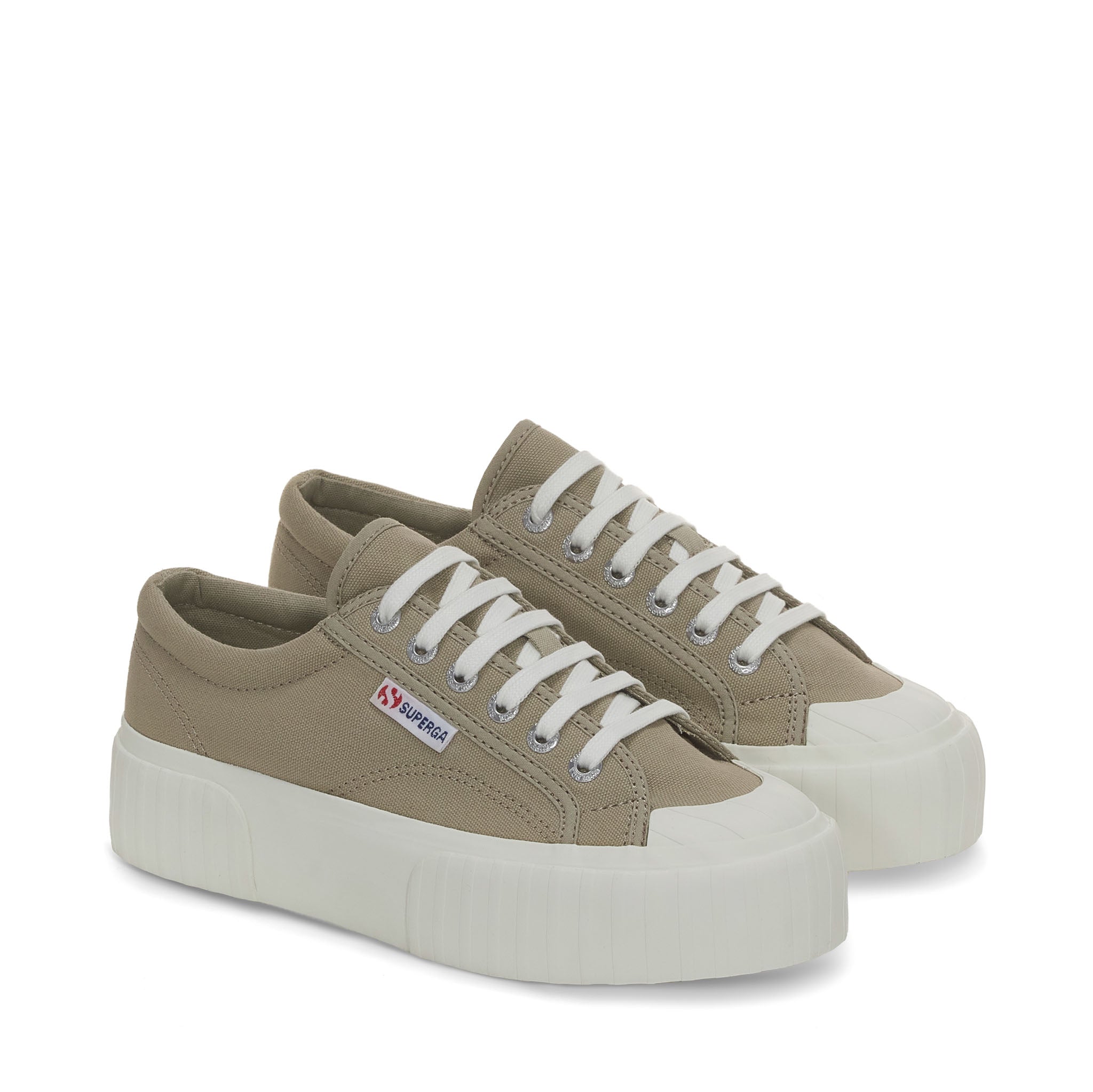 Superga 2631 Stripe Platform Sneakers - Grey Fossil Avorio. Front view.